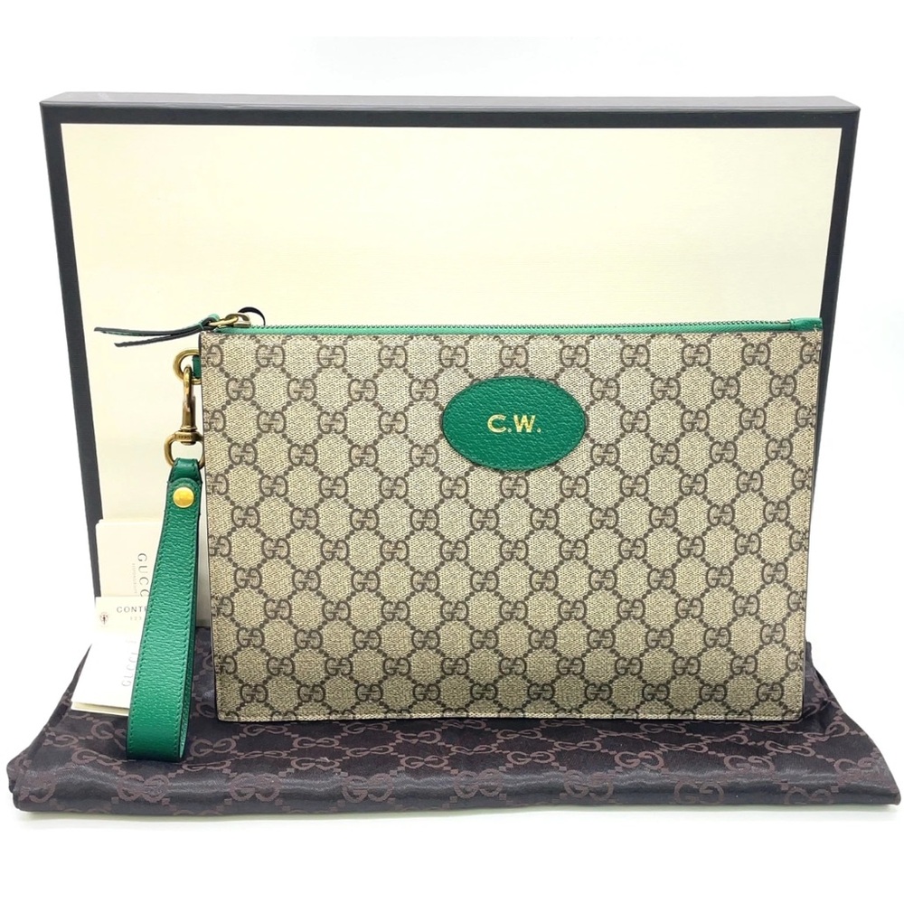 Auth Gucci GG Supreme Leather Clutch Bag W/Box Dust Bag